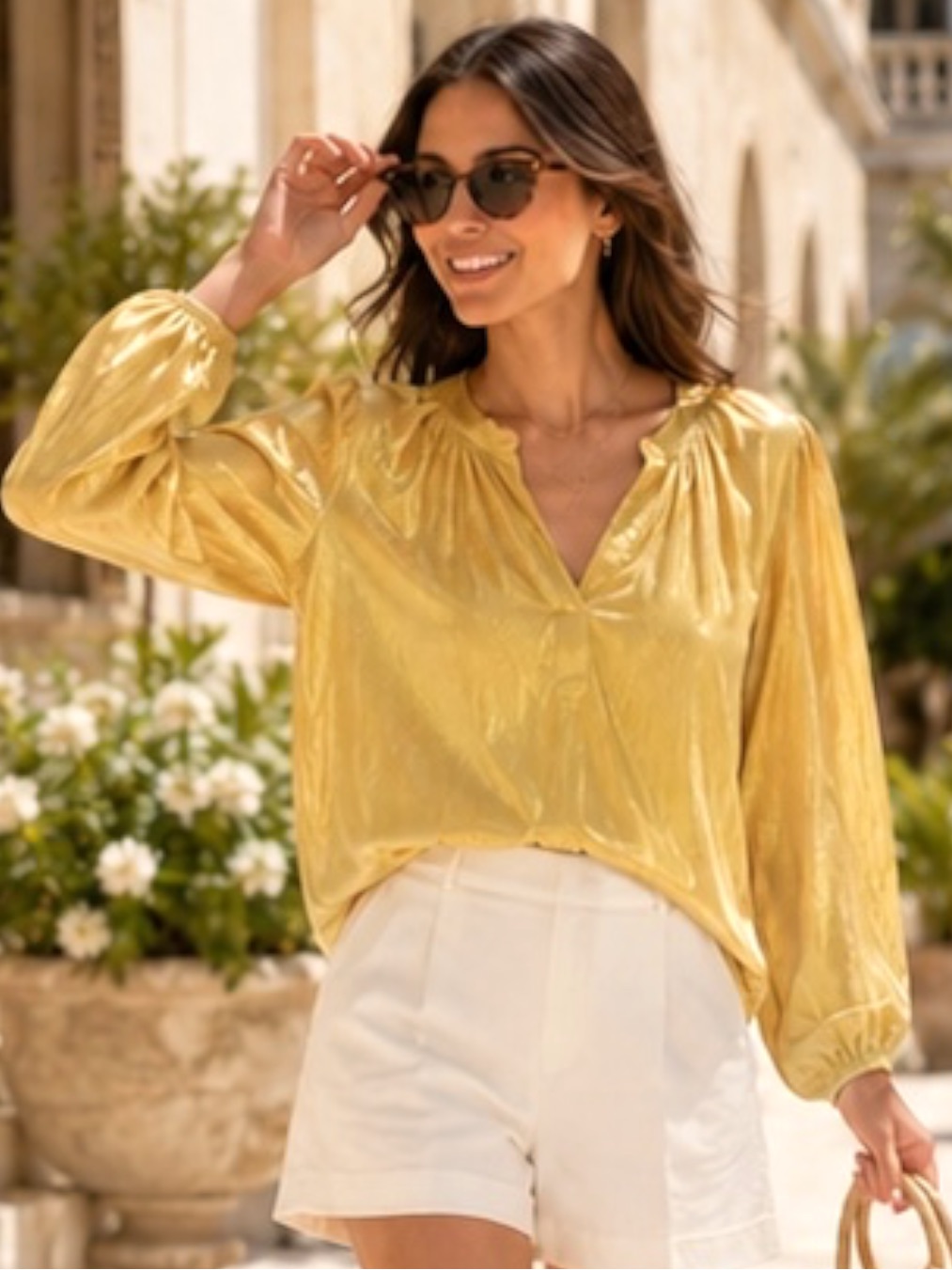 Velvet By Graham Spencer Carla Gold Metallic Split Neck Balloon Sleeve Blouse M